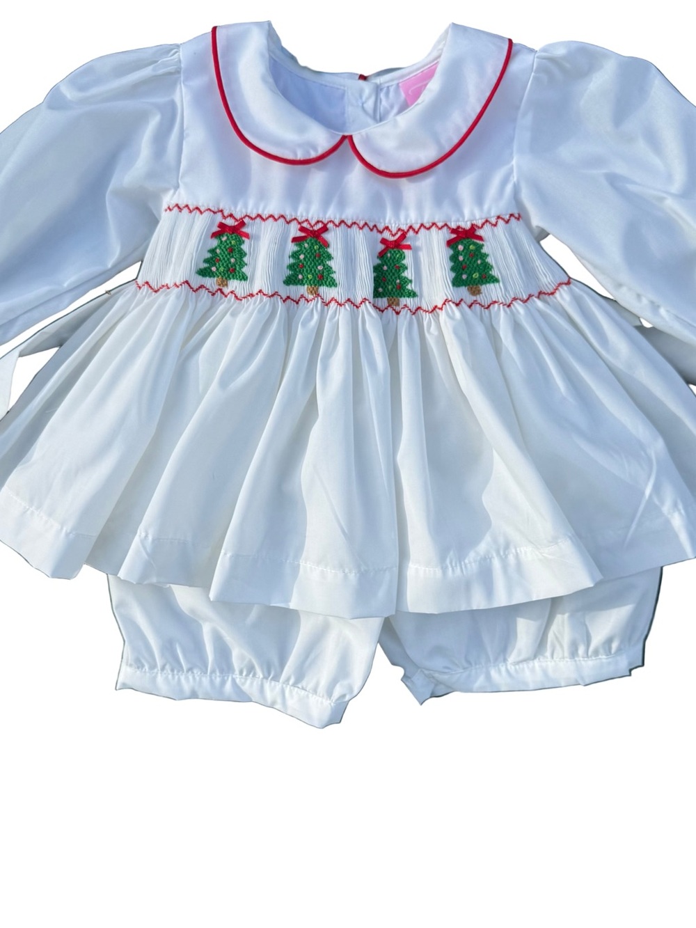 White Christmas Tree Smocked Short Set